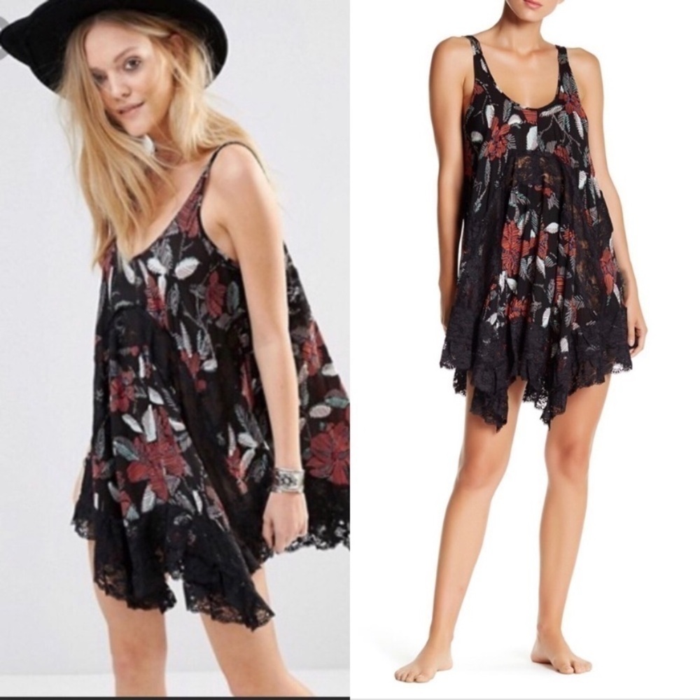 Free People Black Floral Lace-Trim Mini Dress